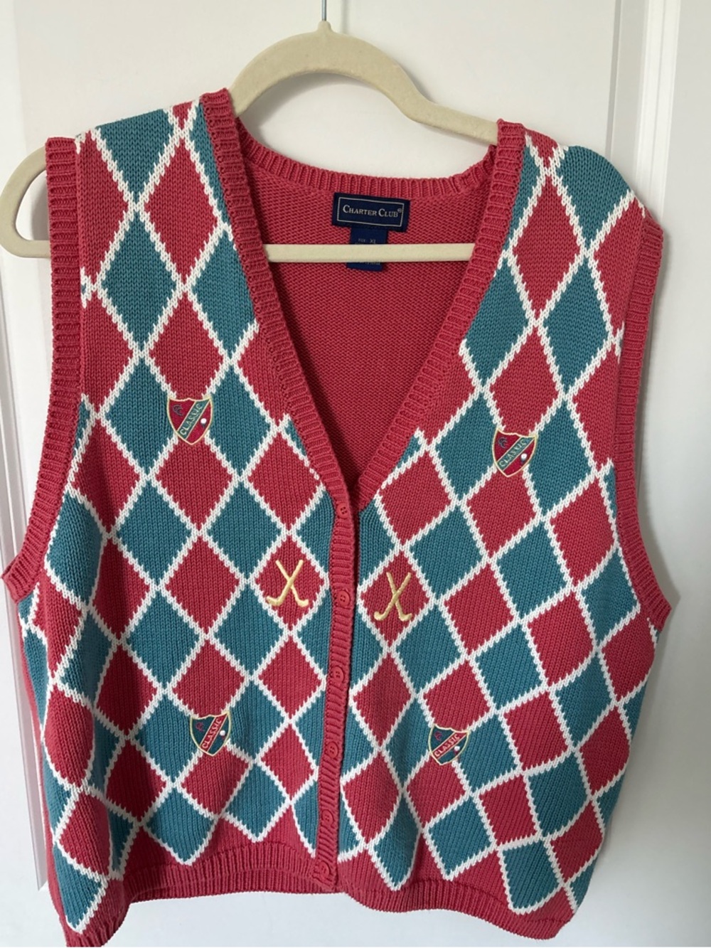 Vintage Charter Club Argyle Golf Club Embroidered Preppy Sweater Vest Y2K XL